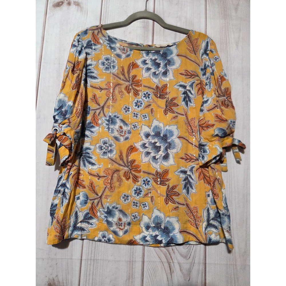Soft Surroundings Mustard Yellow Floral Metallic Stripe Tie Sleeve Blouse PM‎
